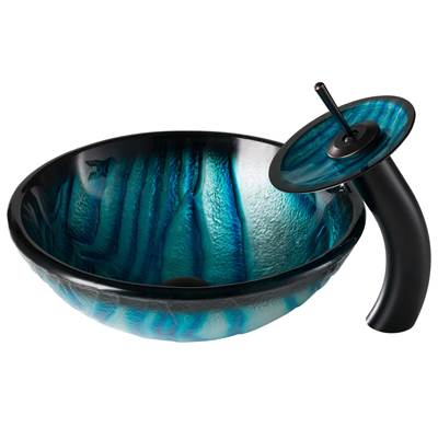 Kraus Nature Vessel Sink & Waterfall Faucet Combo - Blue Glass - Matching Disk & Pop-Up Drain in Oil Rubbed Bronze
