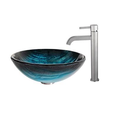 Kraus Nature™ Ladon Vessel Sink & Ramus Faucet Combo - Blue Glass in Satin Nickel