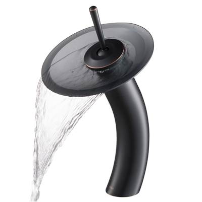 Kraus Waterfall Tall Bathroom Sink Faucet - Frosted Black Glass Disk - 2.2 GPM in Oil Rubbed Bronze
