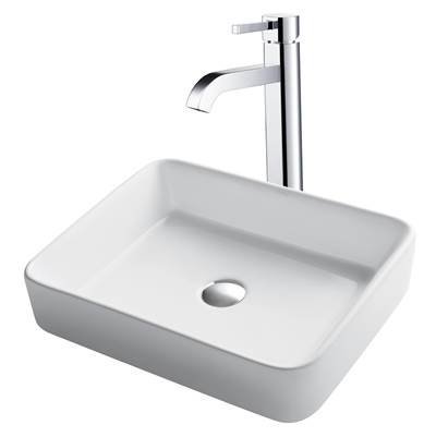 Kraus 19-inch Modern Rectangular White Porcelain Vessel Sink & Ramus® Faucet Combo - Pop-Up Drain - 1.2 GPM in Chrome