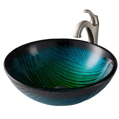 Kraus Nature™ Vessel Sink & Spot Free Arlo Faucet Combo - 17" Green Glass - Pop-Up Drain in Stainless Brushed Nickel