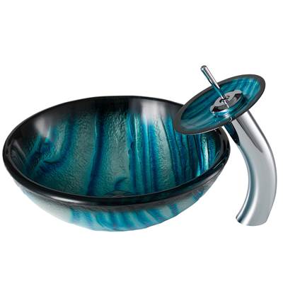 Kraus Nature Vessel Sink & Waterfall Faucet Combo - Blue Glass - Matching Disk & Pop-Up Drain in Chrome