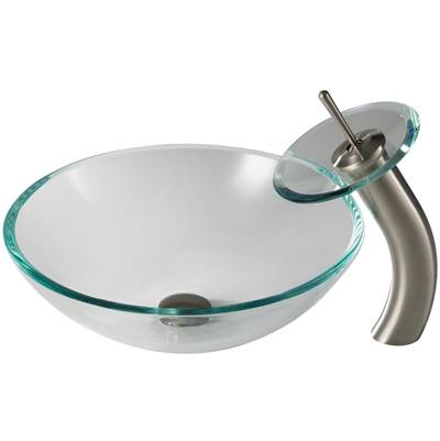 Kraus Crystal Clear Glass Vessel Sink & Waterfall Faucet Combo - Pop-Up Drain in Satin Nickel
