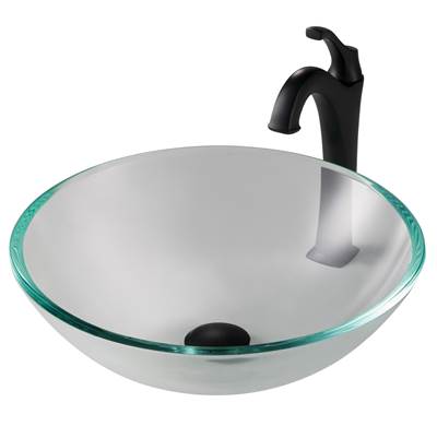 Kraus 16 1/2-Inch Crystal Clear Vessel Sink & Arlo® Faucet Combo - Tempered Glass - Pop-Up Drain - 1.2 GPM in Matte Black