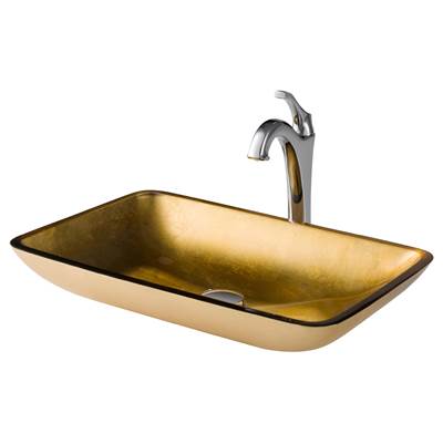 Kraus 22-inch Rectangular Gold Glass Vessel Sink & Arlo® Faucet Combo - Pop-Up Drain - 1.2 GPM in Chrome