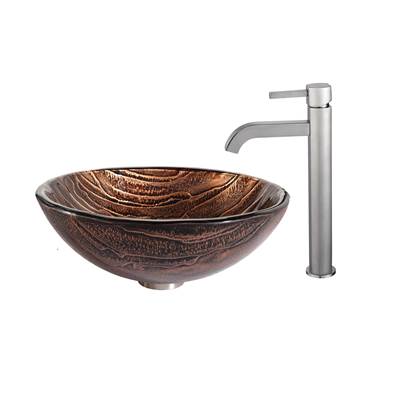 Kraus Nature™ Gaia Vessel Sink & Ramus Faucet Combo - Brown Glass in Satin Nickel