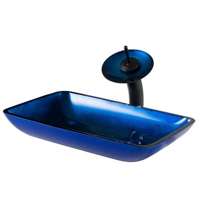 Kraus Rectangular Blue Glass Vessel Sink & Waterfall Faucet Combo - Disk & Pop-Up Drain in Oil Rubbed Bronze