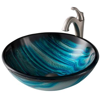 Kraus Nature™ Vessel Sink & Spot Free Arlo Faucet Combo - 17" Blue Glass - Pop-Up Drain in Stainless Brushed Nickel