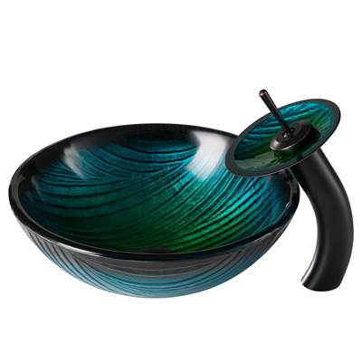 Kraus Nature Series® Green Glass Vessel Sink & Waterfall Faucet Combo - Pop-Up Drain in Oil Rubbed Bronze