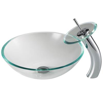 Kraus Crystal Clear Glass Vessel Sink & Waterfall Faucet Combo - Pop-Up Drain in Chrome