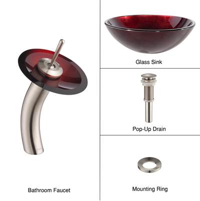 Kraus Irruption Red Glass Vessel Sink & Waterfall Faucet Combo - Tempered Glass - 2.2 GPM in Satin Nickel