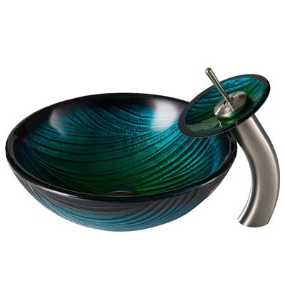 Kraus Nature Series® Green Glass Vessel Sink & Waterfall Faucet Combo - Pop-Up Drain in Satin Nickel