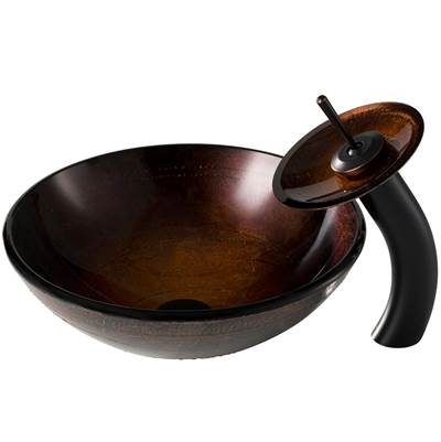 Kraus Multi-Color Vessel Sink & Waterfall Faucet Combo - Copper Brown Glass - Matching Disk & Pop-Up Drain in Oil Rubbed Bronze
