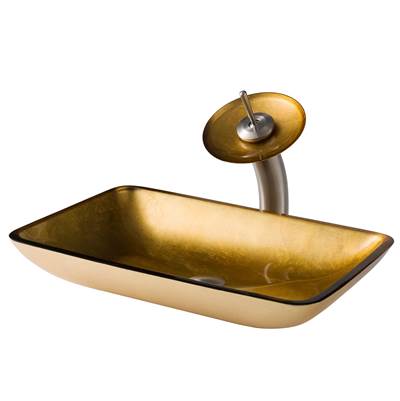 Kraus Rectangular Gold Glass Vessel Sink & Waterfall Faucet Combo - Disk & Pop-Up Drain in Satin Nickel