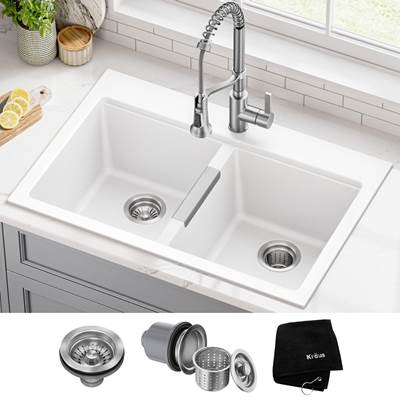 Kraus Quarza 33" Granite 50/50 Double Bowl Dual Mount Kitchen Sink in White