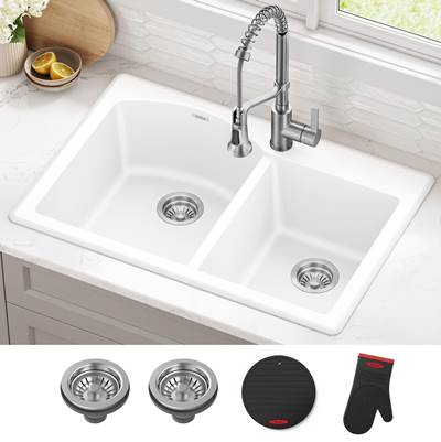 Kraus Forteza 33" Granite 60/40 Double Bowl Dual Mount Kitchen Sink in White