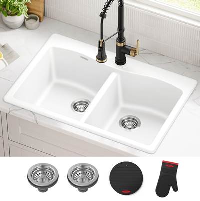 Kraus Forteza 33" Granite 50/50 Double Bowl Dual Mount Kitchen Sink in White