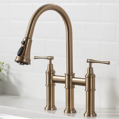 Kraus Allyn® Transitional Bridge Kitchen Faucet with Pull-Down Sprayhead in Brushed Gold