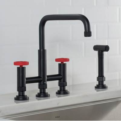 Kraus Urbix® Bridge Kitchen Faucet with Side Sprayer in Matte Black/Red