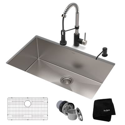 Kraus Standart PRO® and Bolden® 30" Stainless Steel Matte Black Sink and Faucet Combo - 16-Gauge - 1.8 GPM in Satin