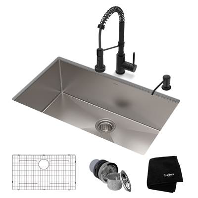 Kraus Standart PRO® and Bolden® 32" Matte Black Kitchen Sink and Faucet Combo - 16-Gauge - 1.8 GPM in Satin