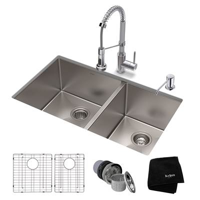 Kraus Standart PRO® Bolden® 33-inch 60/40 Undermount Double Bowl Sink with Chrome Faucet - 16 Gauge - 1.8 GPM in Satin