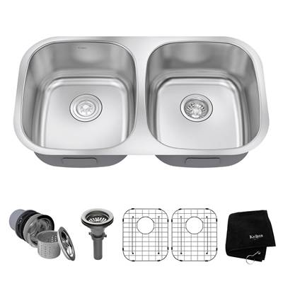 Kraus Premier 32" 50/50 Double Bowl Undermount Kitchen Sink in Stainless Steel