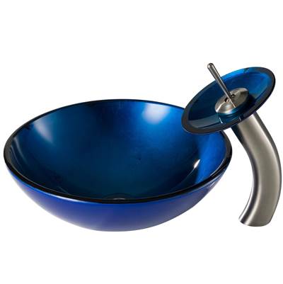 Kraus Irruption Blue Glass Vessel Sink & Waterfall Faucet Combo - Pop-Up Drain in Satin Nickel