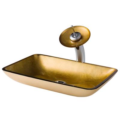 Kraus Rectangular Gold Glass Vessel Sink & Waterfall Faucet Combo - Disk & Pop-Up Drain in Chrome