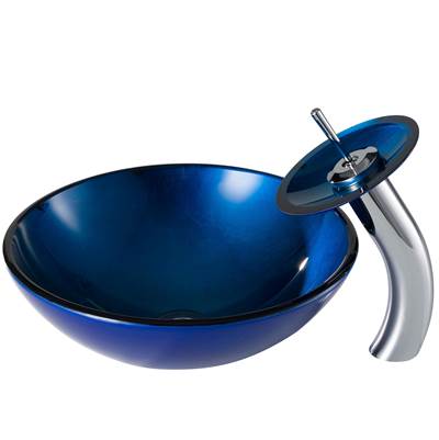 Kraus Irruption Blue Glass Vessel Sink & Waterfall Faucet Combo - Pop-Up Drain in Chrome