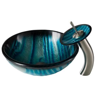 Kraus Nature Vessel Sink & Waterfall Faucet Combo - Blue Glass - Matching Disk & Pop-Up Drain in Satin Nickel