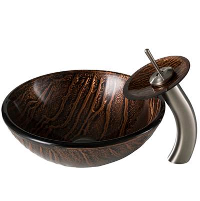 Kraus Nature Vessel Sink & Waterfall Faucet Combo - Brown Glass - Matching Disk & Pop-Up Drain in Satin Nickel