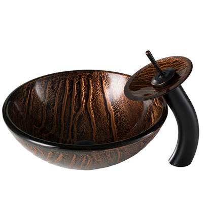 Kraus Nature Vessel Sink & Waterfall Faucet Combo - Brown Glass - Matching Disk & Pop-Up Drain in Oil Rubbed Bronze