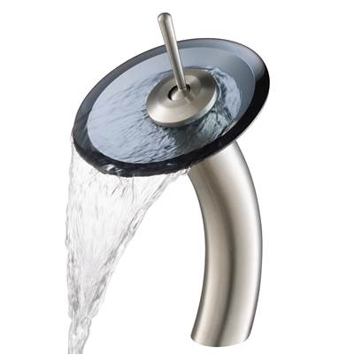 Kraus Waterfall Tall Bathroom Sink Faucet - Clear Black Glass Disk - 2.2 GPM in Satin Nickel