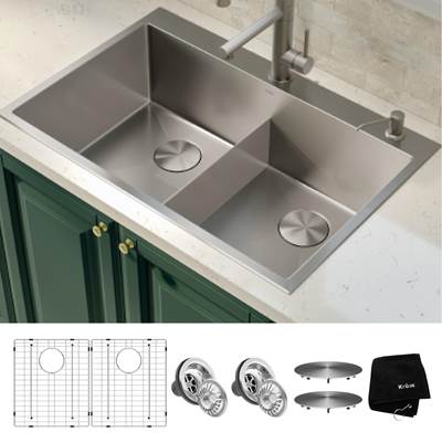 Kraus Standart PRO 33" Double Bowl - 16 Gauge - 2-Hole Dual Mount Kitchen Sink in Stainless Steel