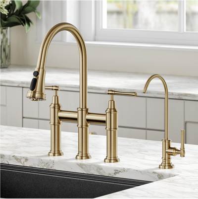 Kraus Allyn® Transitional Bridge Kitchen Faucet with Water Filter Faucet Combo in Brushed Gold
