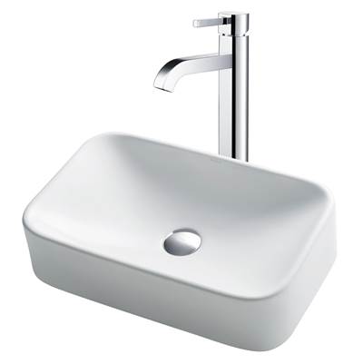 Kraus 19-inch Rectangular White Porcelain Vessel Sink & Ramus® Faucet - Pop-Up Drain in Chrome
