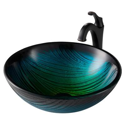 Kraus Nature™ Vessel Sink & Arlo Faucet Combo - 17" Green Glass - Pop-Up Drain in Oil Rubbed Bronze