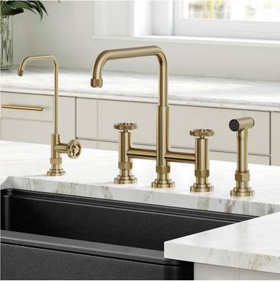 Kraus Urbix® Bridge Kitchen Faucet with Water Filter Combo in Brushed Gold