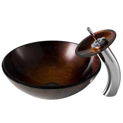 Kraus Multi-Color Vessel Sink & Waterfall Faucet Combo - Copper Brown Glass - Matching Disk & Pop-Up Drain in Chrome