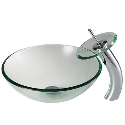 Kraus Clear Glass Vessel Sink & Waterfall Faucet Combo - Pop-Up Drain in Chrome