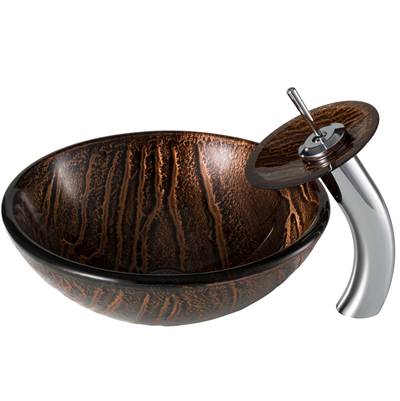Kraus Nature Vessel Sink & Waterfall Faucet Combo - Brown Glass - Matching Disk & Pop-Up Drain in Chrome
