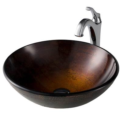 Kraus Multi-Color Vessel Sink & Arlo Faucet Combo - 16 1/2" Copper Brown - Pop-Up Drain in Chrome