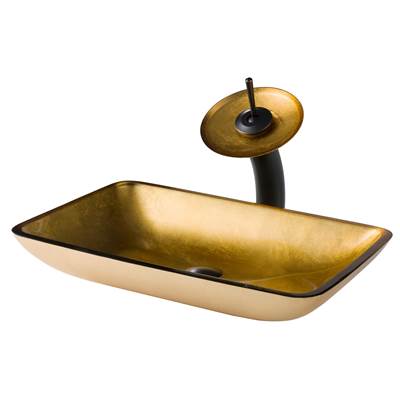 Kraus Rectangular Gold Glass Vessel Sink & Waterfall Faucet Combo - Disk & Pop-Up Drain in Oil Rubbed Bronze