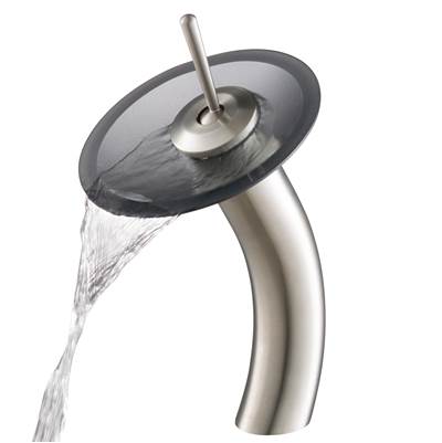Kraus Waterfall Tall Bathroom Sink Faucet - Frosted Black Glass Disk - 2.2 GPM in Satin Nickel