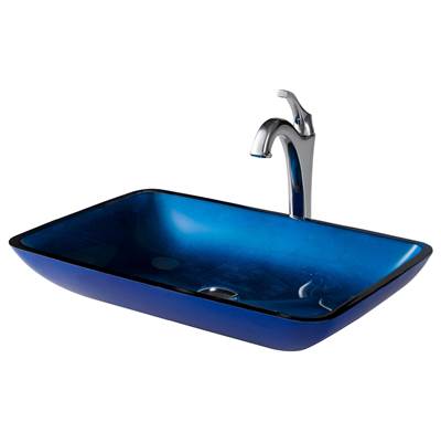 Kraus 22-inch Rectangular Blue Glass Vessel Sink & Arlo® Faucet Combo - Pop-Up Drain - 1.2 GPM in Chrome