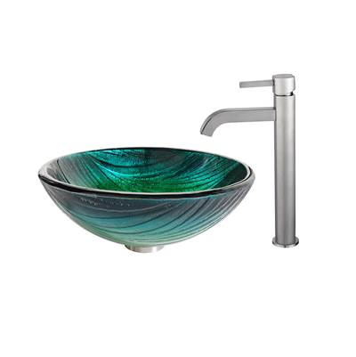Kraus Nei Green Glass Vessel Sink & Ramus Faucet Combo - Tempered Glass - 1.2 GPM in Satin Nickel