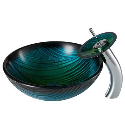 Kraus Nature Series® Green Glass Vessel Sink & Waterfall Faucet Combo - Pop-Up Drain in Chrome