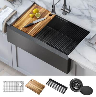 Kraus Kore® Workstation 33" Flat Apron Front 16 Gauge Black Stainless Steel Single Bowl Farmhouse Kitchen Sink in Gunmetal