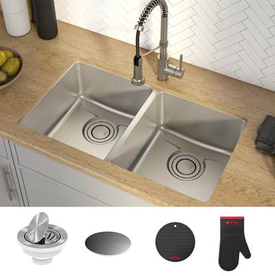 Kraus Dex® 33" 50/50 Double Bowl Undermount Kitchen Sink in Radiant Pearl